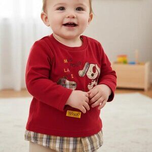 Malin Calin French Red Layered Plaid Puppies Long Sleeve Tee Size 12M